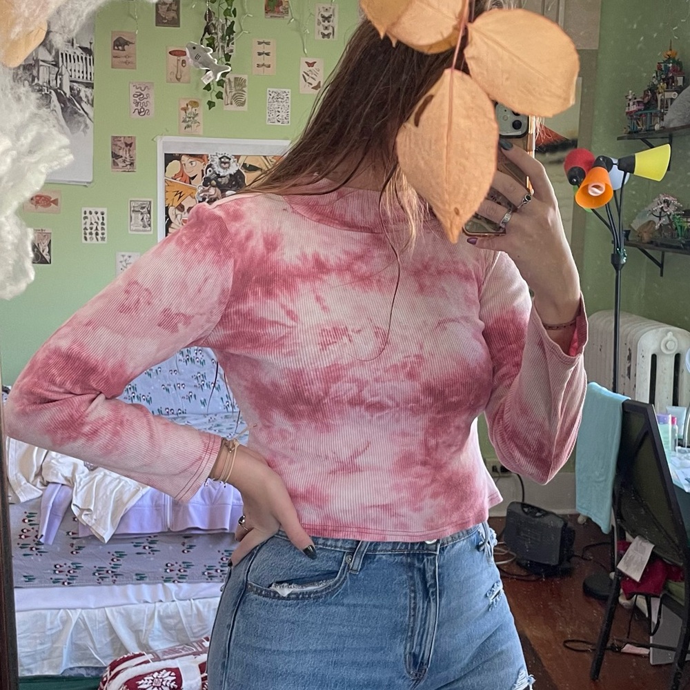Pink Tie-Dye Long Sleeve Ribbed Mockneck Top